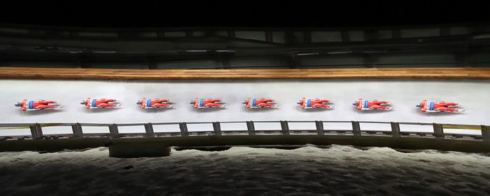 Maciej Kurowski from Poland races down the track in a series of photos in the Viessmann Luge World Cup at the Alpensia Sliding Center in Pyeongchang, Gangwon-do Province, on Feb. 19.